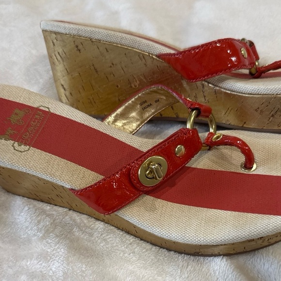 Coach Red and Gold Wedge Sandals - Picture 2 of 8